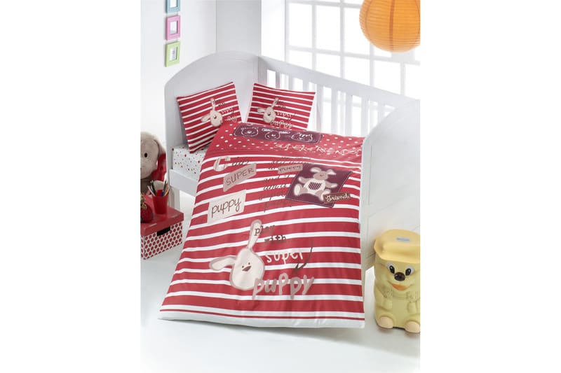 Victoria Sengesæt Baby 4-delt Ranforce - Rød/Hvid/Beige - Tekstiler - Børnetekstiler - Sengetøj til børn - Sengesæt børn