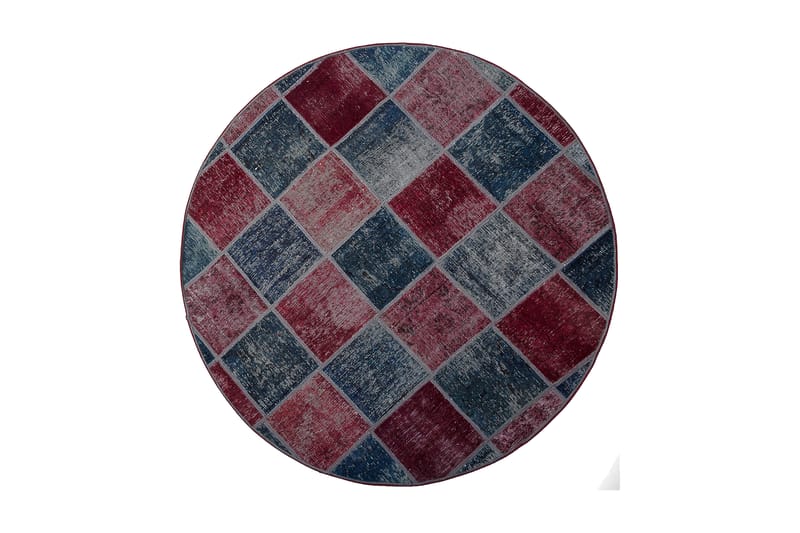 Håndknyttet patchwork tæppe uld / garn rød / blå 165x165cm - Tekstiler - Tæpper - Håndvævede tæpper